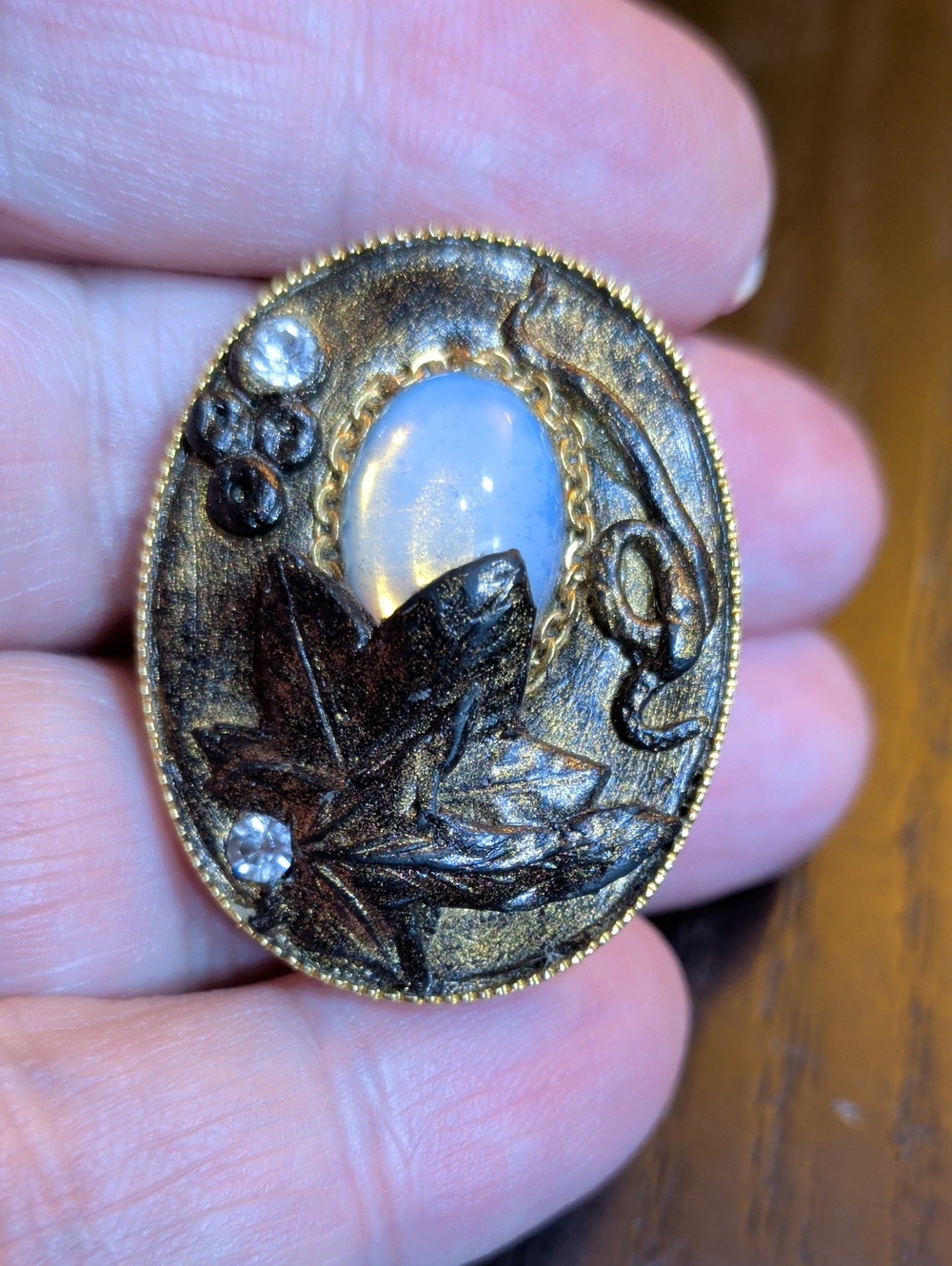 Marena Handarbeit Unsigned Vintage Brooch With Leaf, Snake, Opalescent Moonstone